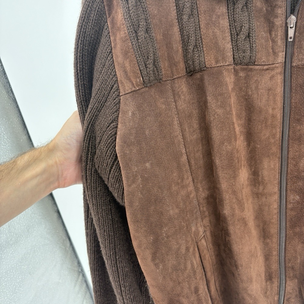 80s Cactus Mens XL Suede Leather Cable Knit Jacket Brown Full Zip Italy Style - Picture 5 of 14